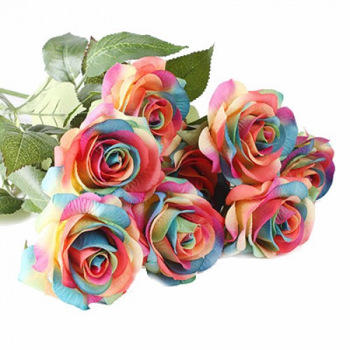 OURLOVE - 10 Heads Rose Artificial Flowers Silk Flowers Floral Home Wedding Party Garden Bridal Hydrangea Decoration Rainbow