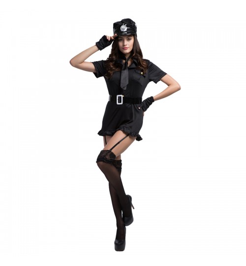 MABOOBIE - Girl Woman Cop Officer Uniform Halloween Adult Fancy Dress Policewoman Costume Falbala Black