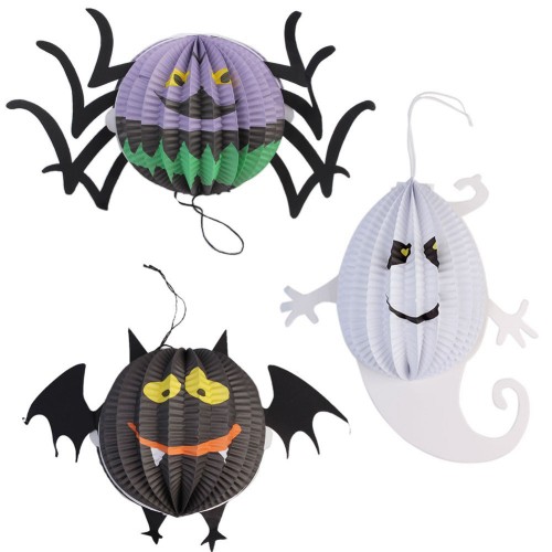 VAKIND - 3 Pcs Set Halloween Pumpkin Ghost Bat Spider Witch Paper Lanterns Decorated