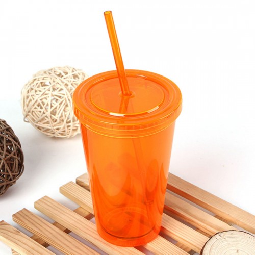 CHARM - 500ml Smoothie Coffee Juice Party Liquid Beaker Lid Plastic Drinks Cup Orange