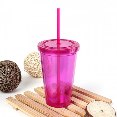 CHARM - 500ml Smoothie Coffee Juice Party Liquid Beaker Lid Plastic Drinks Cup Pink