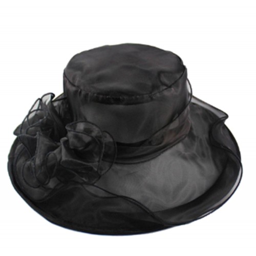 TN - Beach Women Dress Summer Sunscreen Wide Brim Hat Organza Black