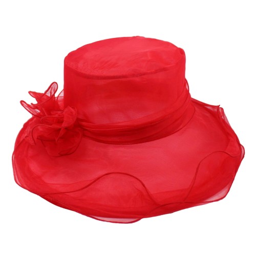 TN - Beach Women Dress Summer Sunscreen Wide Brim Hat Organza Red