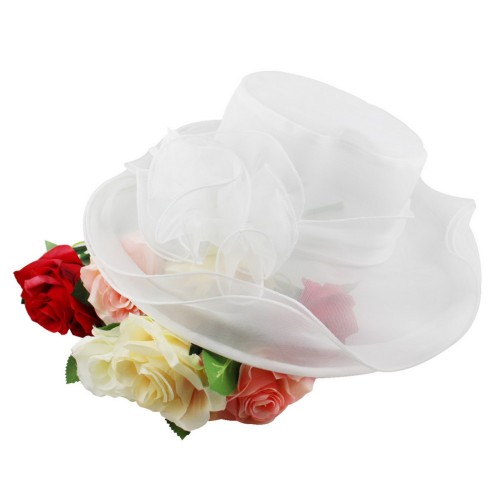 TN - Beach Women Dress Summer Sunscreen Wide Brim Hat Organza White